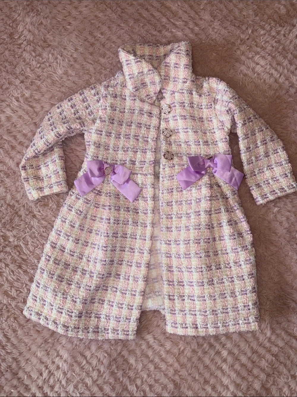 Girls' Pastel Plaid Tweed Coat with Lilac Bows